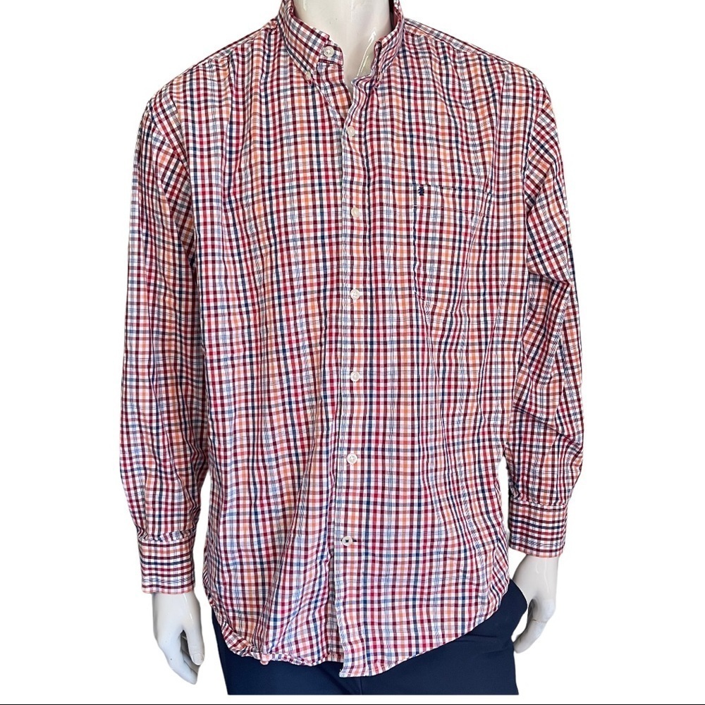 IZOD XL Red Plaid Checked Casual button Down Career Professional Dress S…